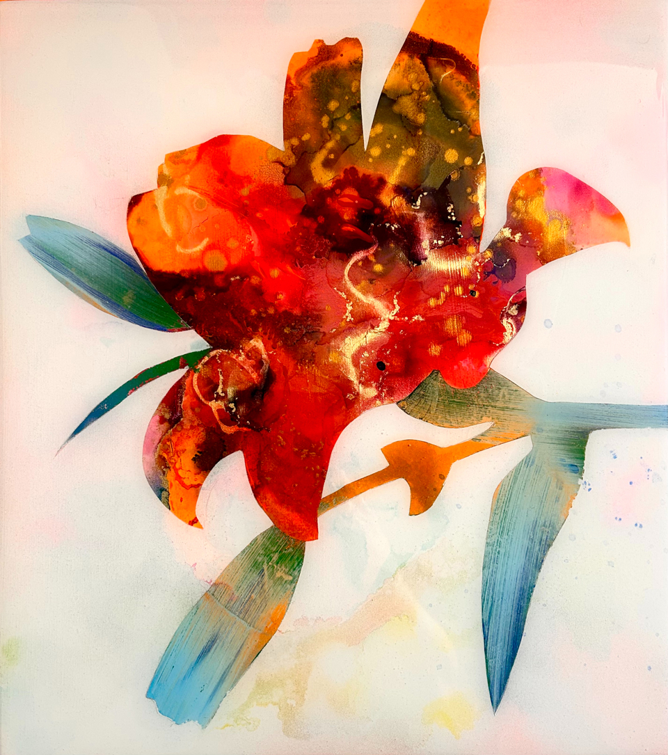 Warren King, Cosmic Flower, 2026, ink and acrylic paint on canvas, H450 mm x W400 mm. Invented Botanicals - Warren King - Artist in Focus - June 2026